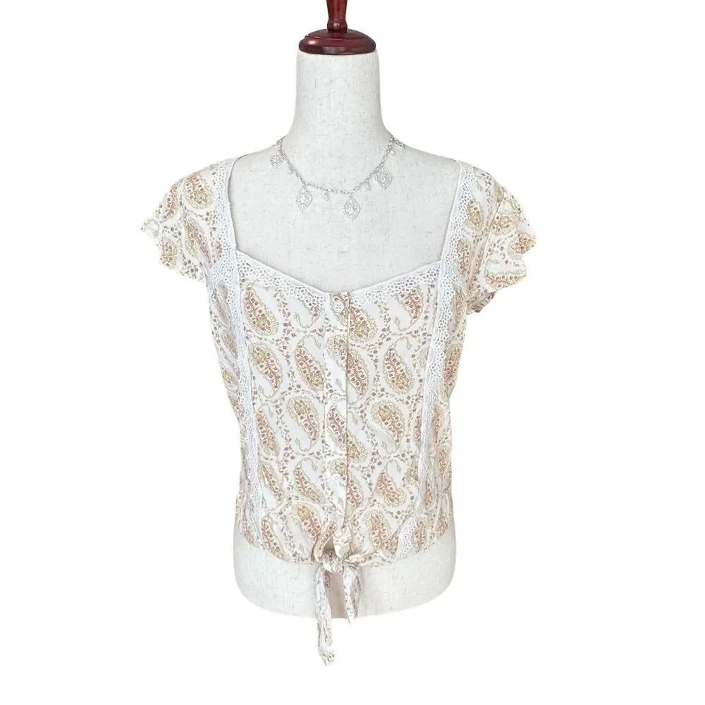 NWT Self Esteem Short Sleeve Tie-Front Top Petal Sleeve Cream/Tan Small